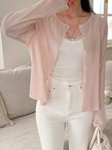 DAZY Women's V-Neck Loose Fit Long Sleeve Lightweight Cardigan - Pink - View 1