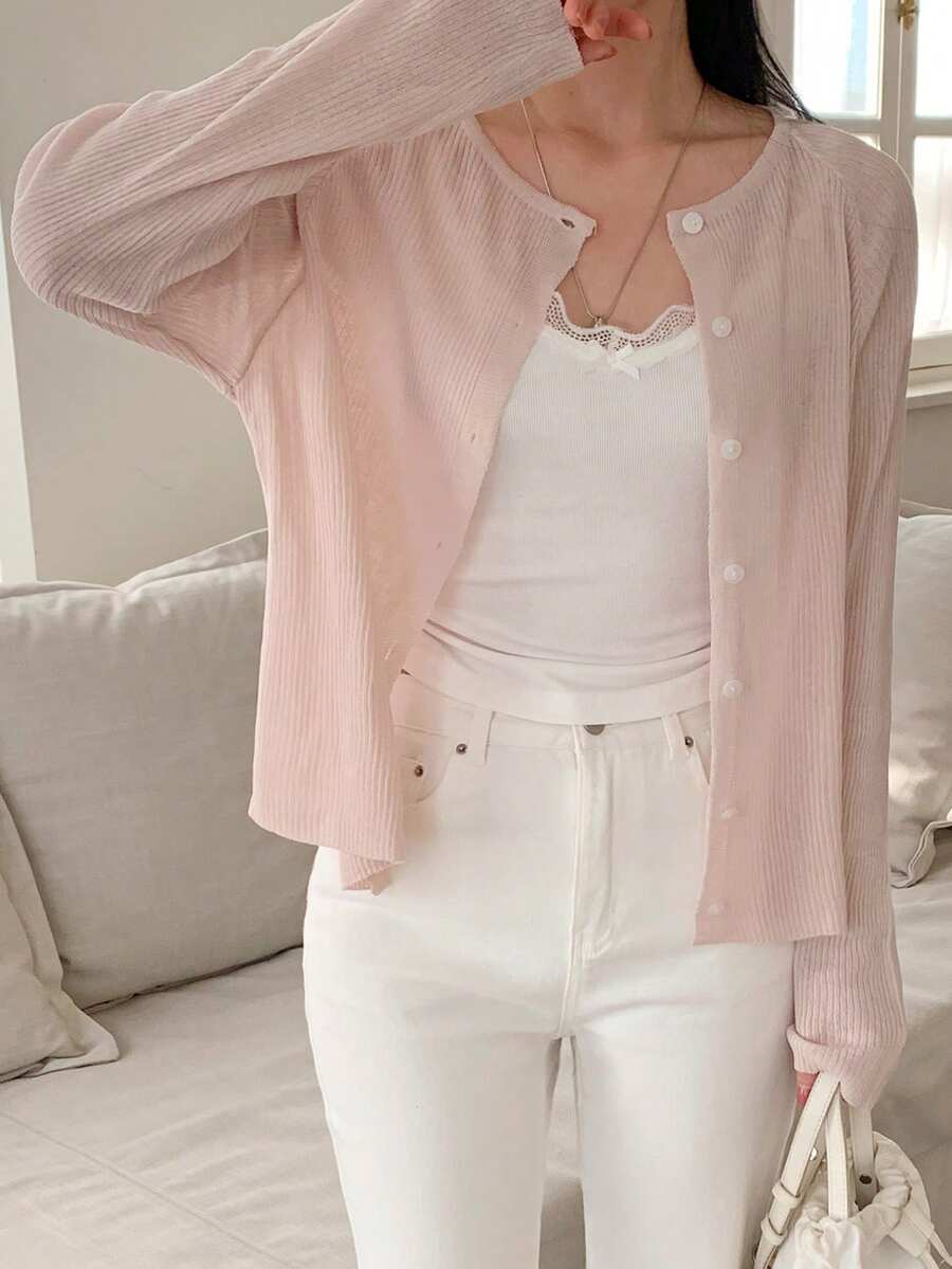 DAZY Women's V-Neck Loose Fit Long Sleeve Lightweight Cardigan - Pink - View 1