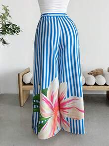 Vavine Blue & White Pleated Waist Loose Women Casual Pants - Multicolor - View 2