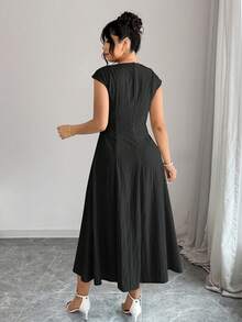 Elenzga Vestido casual de playa/verano de talla grande para mujer, de 1 pieza, con textura de lino sintético, con decoración de borlas y corte evasé - Negro - Ver 2