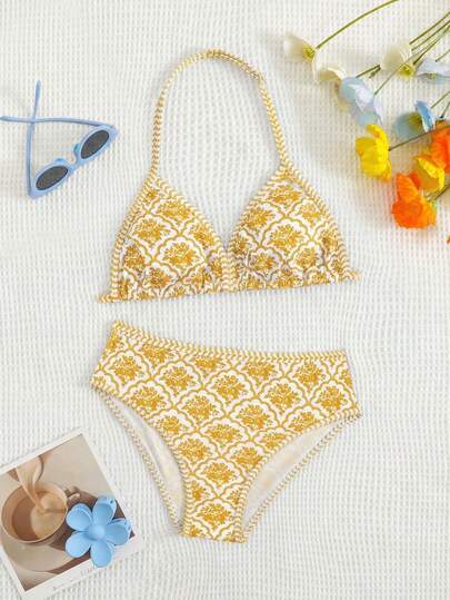 SHEIN 少女条纹比基尼套装：挂脖式设计，甜美装饰，展现夏日海滩时尚，时尚休闲优雅女士适合游泳，适合夏季度假、海滩、泳池、夏日假日派对等场合。