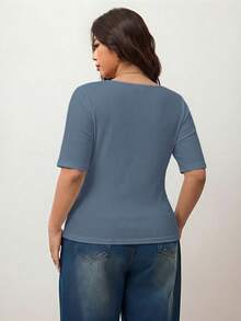 Enliva Plus Size Women's High Elastic Square Neck Short Sleeve T-Shirt,Dusty Blue,Autumn,Smart Casual,Everyday Cotton Tee For Apple Rounded Curves - Navy Blue - View 2