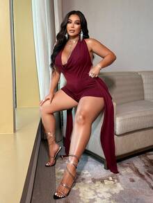 NU&NOW Women's Draped Neck Backless Sleeveless Top And Tight Shorts Set,Plus Size 2-Piece Burgundy Club Outfits,Summer 70's Party Rave Beach Romper - Burgundy - View 2