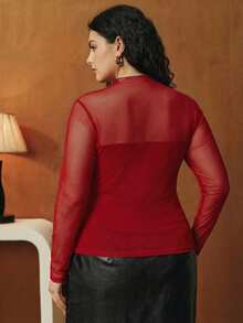 Anewsta Elegant Fashion Casual New Year Party Sexy Sheer Mesh Splice Elastic Fitted Long Sleeve Women's Base Shirt Black Plus Size Tops T-Shirt, Spring/Summer - Red - View 3