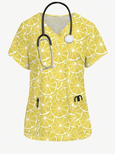 PopScrub Lemon Slice Watercolor Pattern Cartoon Print Nurse Uniform Top, V-Neck Short Sleeve Scrub Top, Women's Healthcare Uniform, Suitable For Fruit & Lemon Lovers, Spring/Summer