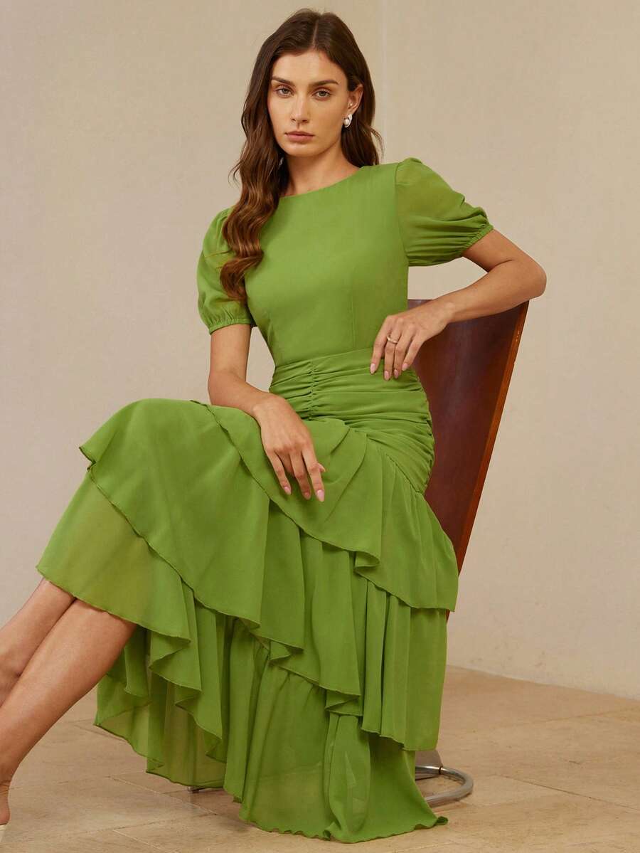 Aveloria Rosie New Elegant Lady-Like Layered Cake Dress With Metal Waist Buckle Decor And Ruched Design, Short Sleeve - Green - View 1