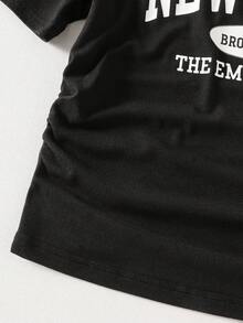 SHEIN One Piece,Short Sleeve,Casual,Offset Print,Spring And Summer,Teen Girls' Summer Commuting Set, Sporty And Casual Straight-Leg Pants, Short-Sleeved Lightweight And Comfortable Two Pieces Set. - Black - View 5