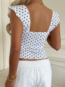 CovetEZ 女士波点心形领口荷叶边下摆短袖T恤 - 黑與白 - 查看 6