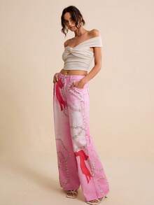LOTSLUV Women's Pink Diamond Necklace & Butterfly Print Denim Pants, Spring/Summer - Pink - View 5