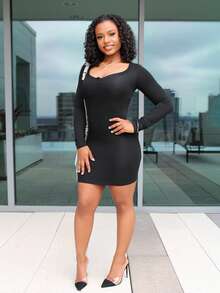 Steph T 女式缺口领口镂空修身连衣裙，秋季连衣裙长袖连衣裙 - 黑色 - 查看 1