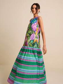 LOTSLUV 女士绿色和玫瑰红热带水彩植物棕榈叶印花圆领无袖宽松低腰印花连衣裙，春夏款，女士连衣裙，夏季连衣裙，长裙，复活节连衣裙，休闲长裙，碎花连衣裙，热带印花连衣裙，带口袋夏季连衣裙，度假连衣裙，棕榈树连衣裙，无袖长款连衣裙，女士度假连衣裙，女士夏季连衣裙，女士连衣裙 - 綠色 - 查看 6