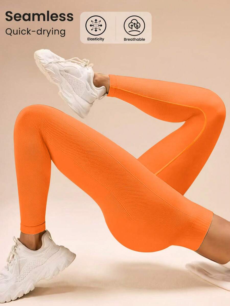 SHEIN Sports 女士纯色高腰休闲健身紧身裤 - 橘色 - 查看 1