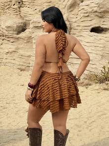 Rustia 美国性感派对V领不对称荷叶边露背连衣裙，女士款 - 咖啡棕 - 查看 2