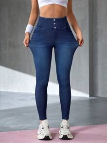 Flexra Denim Stretch Minimalista de Cor Sólida para o Dia a Dia das Mulheres - Azul - Visão 9