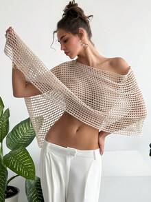 SHEIN Raffinéa 女士基础款时尚简约镂空沙滩度假披肩罩衫 - 杏色 - 查看 3