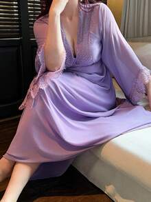 Dazy Plus Áo ngủ maxi dài tay bằng chiffon gợi cảm phối ren tương phản dành cho nữ cỡ lớn, thích hợp cho mùa xuân/hè. - Màu tím - Xem 6
