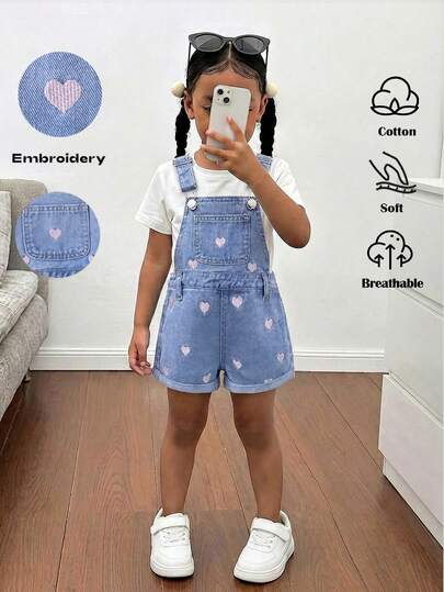 Young Girl' Pink Heart Embroidered Loose Denim Bib Shorts,Kid Girls Spring And Summer Casual Kid Girls Spring And Summer Casual Vacation Country Boho Wear, Beach Outfits For Kid Girls, Western Street Wear For Girl, Spring Break Outfits, Rave Outfits Festival Denim Overall