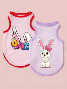 PETSIN 2 件装宠物猫狗通用可爱蝴蝶结兔子印花休闲舒适透气狗背心 - 彩色 - 查看 1