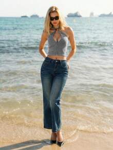 SHEIN ICON Damen Sommer Ausgehparty rückenfreies, elegantes, sexy Urlaubs-Strandtop in Unifarbe mit Metalldekor, Neckholder, ausgeschnitten, vielseitig für den täglichen Gebrauch - Grau - Übersicht 7