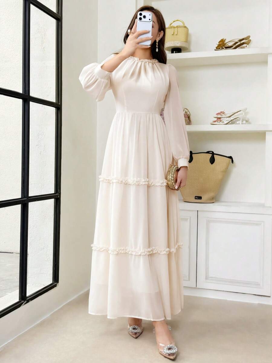 Graceveil Đầm dài kiểu Pháp cổ cao, vạt bèo nhún dành cho nữ - Màu be - Xem 1