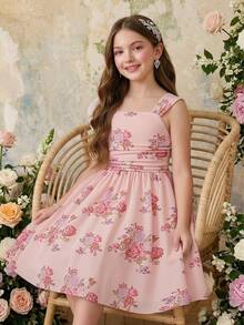 Girls' Floral Elegant Casual Vacation Dress - Pink - View 1