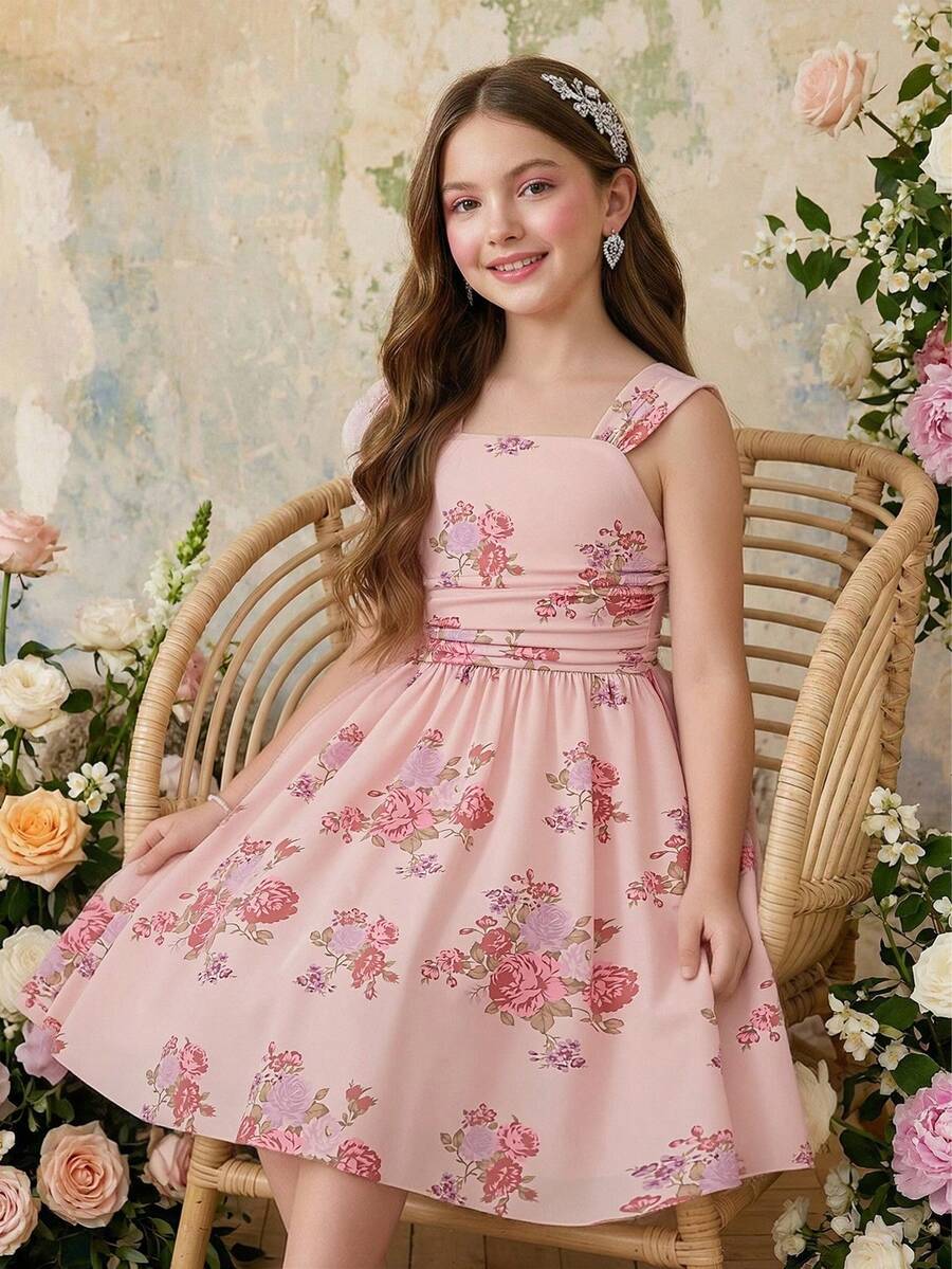 Girls' Floral Elegant Casual Vacation Dress - Pink - View 1