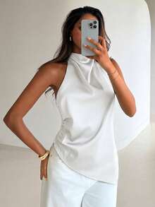 Aloruh Blusa de mujer de unicolor con cuello halter y espalda descubierta, versátil para uso diario - Blanco - Ver 6