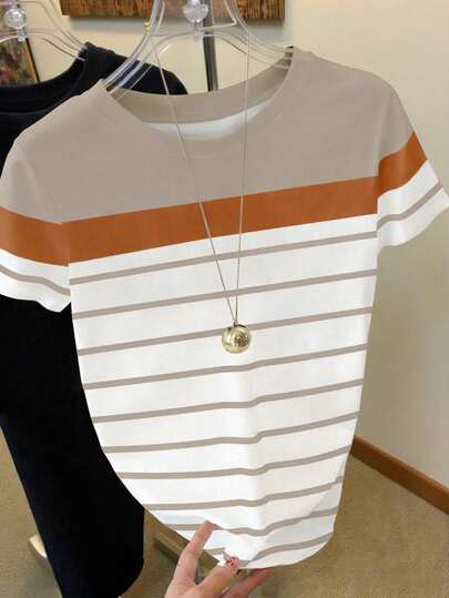 Resyla 几何图案撞色卡其条纹印花女式白色T恤，夏季必备，时尚T恤，送给兄弟姐妹、姐妹、母亲的礼物，母亲节礼物，休闲时尚上衣