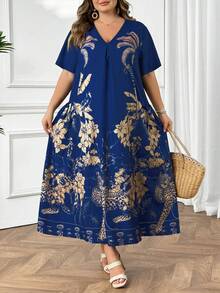 SHEIN CURVE+ Đầm cỡ lớn kiểu dáng thường ngày in họa tiết da báo và hoa - Màu xanh lam - Xem 9