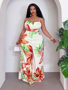 Slaydiva 新款春季、春季、夏季、音乐节、情人节、复活节、婚礼季、假日季、海滩度假、休闲、优雅、通勤、日常穿着、工作服、度假、派对、邮轮、派对、基础款、日常约会、吊带衫、V形镂空、修身、直筒、阔腿裤、白色底色、橙色花朵、绿色枝条、全幅印花超长裤、女士连体裤 -G - 彩色 - 查看 11