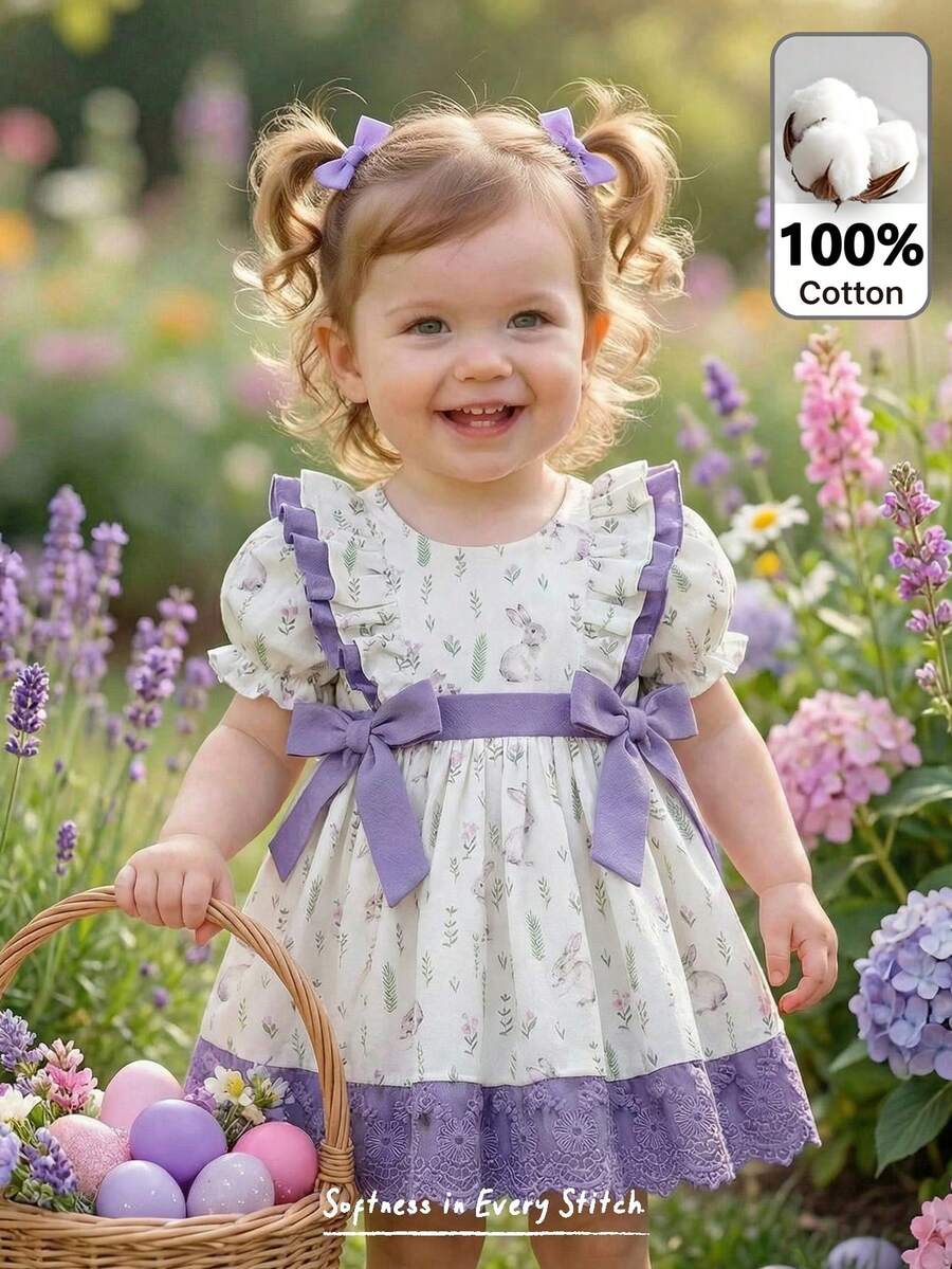 Cozy Pixies 可爱田园兔子与花卉印花压花套装,波西米亚野花,植物套装,复古植物套装,粉彩花卉自然套装;女婴休闲可爱泡泡袖撞色荷叶边连衣裙,适合春夏、户外野餐、郊游、街头风、居家、波西米亚风、派对、生日、音乐节、下午茶、复古连衣裙 - 彩色 - 查看 1