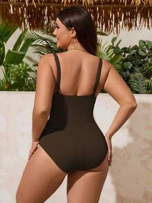 Swim Vcay Plus Size One-Piece Swimsuit, Coffee Color, Floral Trim, Drawstring Waist, Ruched, Slimming, Casual Resort Style, Suitable For Pool Party - Brown - View 2