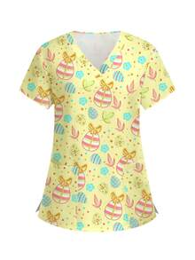 PopScrub 女士护士制服上衣，领结设计，条纹、波点和花卉卡通印花，V领短袖，时尚工作服，适合复活节和日常穿着。 - 彩色 - 查看 5