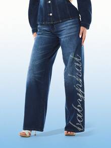 BABYPHAT Women's Straight Fit Rhinestone Embellished High Rise Denim Jeans With Side Script Detail For Casual Everyday Wear - Blue - View 1