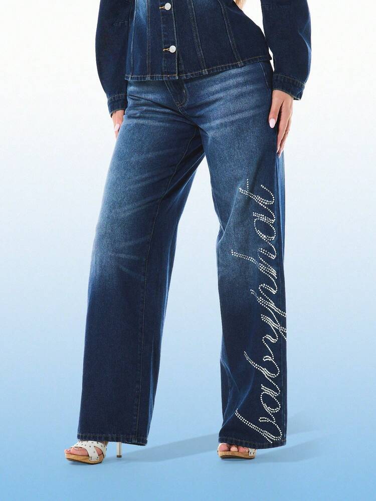 BABYPHAT 여성용 스트레이트 핏 라인스톤 장식 하이라이즈 데님 진, 캐주얼 일상복을 위한 측면 스크립트 디테일