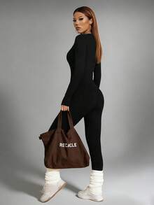 INAWLY Mono unitard unicolor de cuello V - Negro - Ver 3