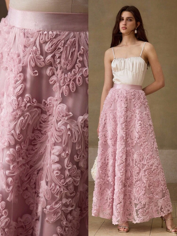 EMBROIDERED MESH FLORAL FLARE SKIRT