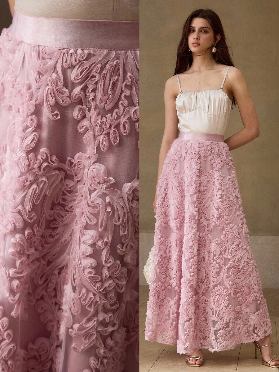 MOTF PREMIUM 刺绣网纱花卉喇叭裙 - 粉色 - 查看 1