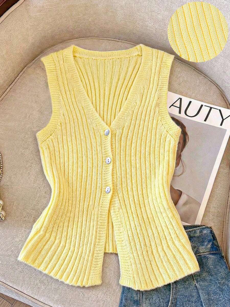 Resyla 女士百搭简约时尚浅黄色V领优雅女士通勤修身背心 - 淡黃色 - 查看 1