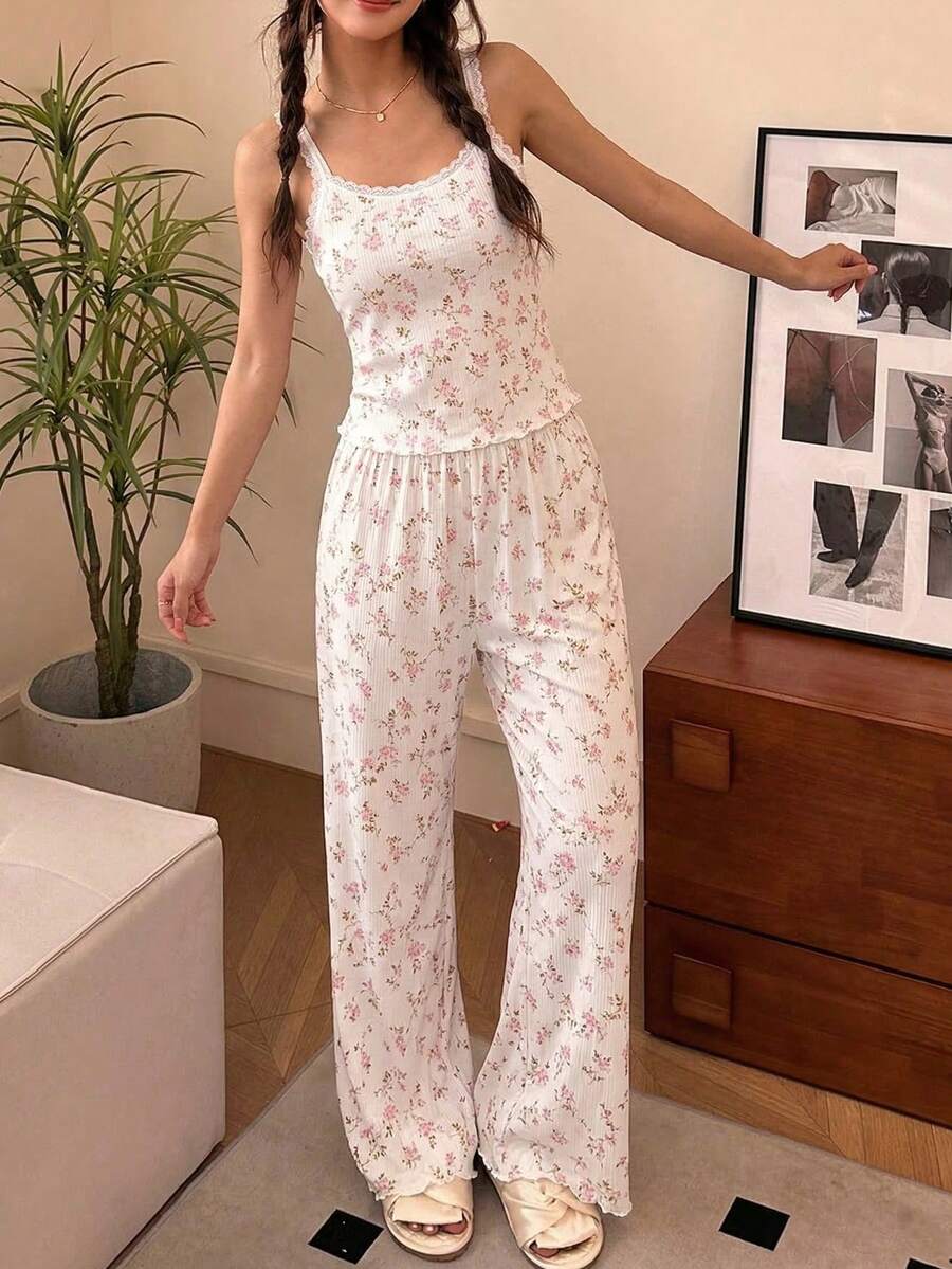 SHEIN 两件套少女简约碎花蕾丝边吊带背心和直筒睡裤套装,柔软舒适的家居服 - 白色 - 查看 1