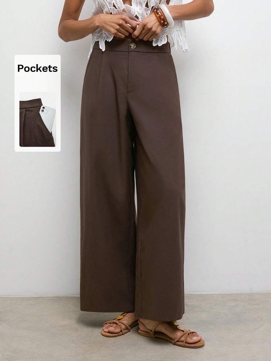 Maija Women's Loose Pleated Design Casual Pants - Brown - View 1