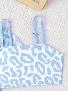 女童（小号）泳衣套装，可爱粉色豹纹三件套泳衣，时尚休闲优雅，适合游泳、度假、夏季穿着 - 藍色 - 查看 5