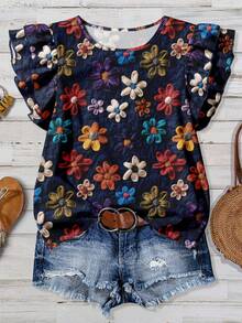 EMERY ROSE Plus Size Casual Floral Print Short Cap Sleeve Shirt - Navy Blue - View 1