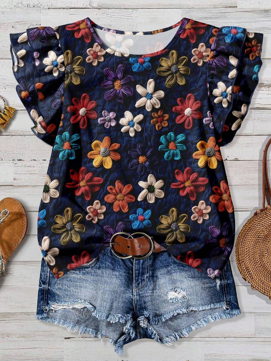EMERY ROSE Plus Size Casual Floral Print Short Cap Sleeve Shirt - Navy Blue - View 1