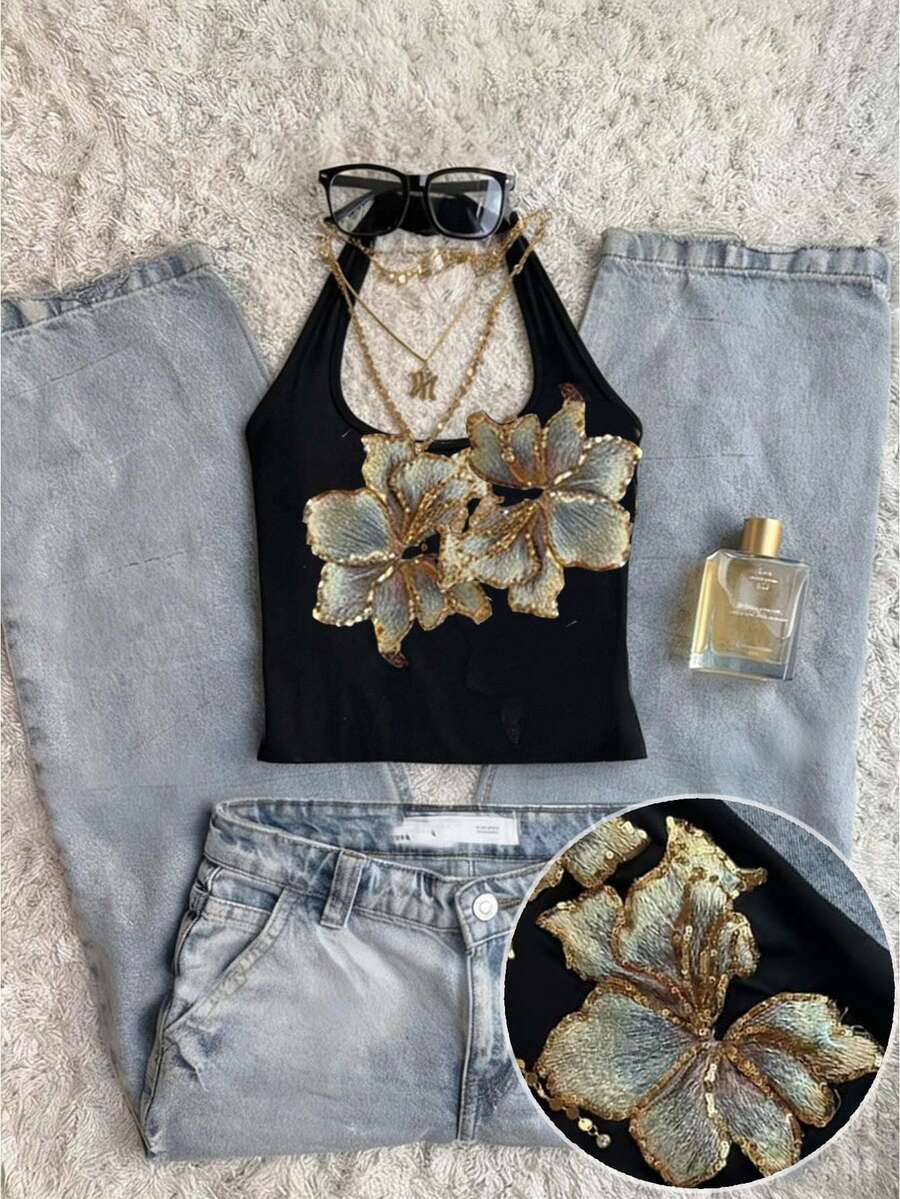 Camiseta de tirantes ajustada y casual con cuello halter, adecuada para el verano - Negro - Ver 1