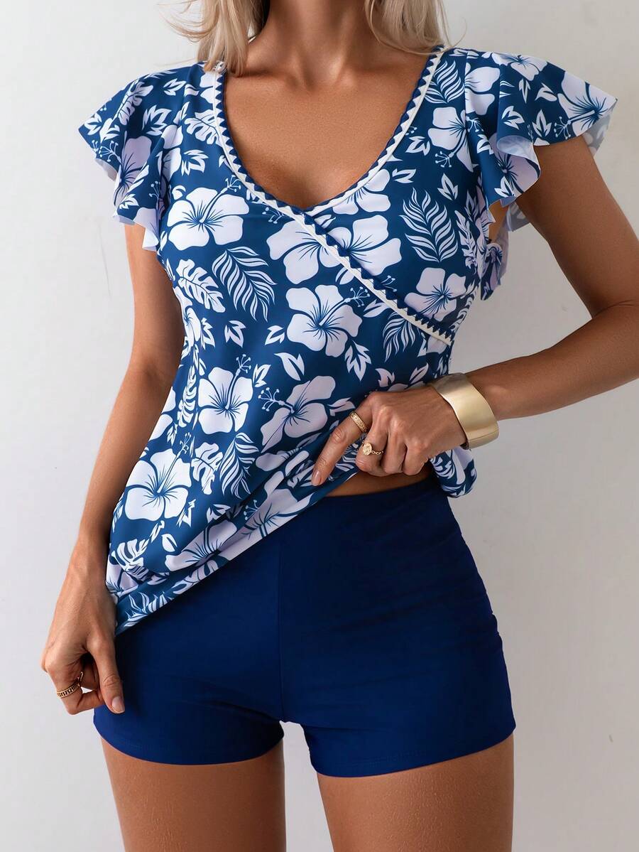 Swim Lushoire 2pcs Women's Spaghetti Strap Bikini Swimsuit With Ruffle Trim, Mature Swimwear For Summer Holiday - Multicolor - View 1