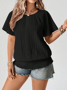 Enliva Plus Size Shirred Hem Elastic Short Sleeve Crew Neck Casual Top, For Apple And Rounded Body Shape - Black - View 6