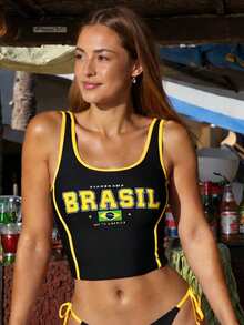 Swim Vcay Top de tankini de traje de baño con estampado de letras para mujer, ideal para el verano y la playa - Negro - Ver 4