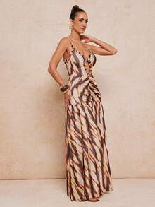 Lumalex 女士撞色镂空褶皱腰身优雅长吊带连衣裙，适合派对穿着 - 咖啡 - 查看 12