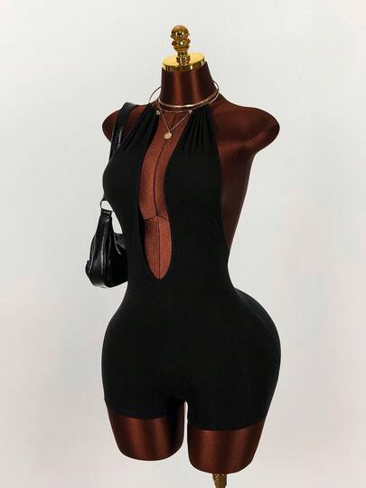 Amplova Mono de mujer de unicolor con escote halter y espalda descubierta, de moda para citas y fiestas